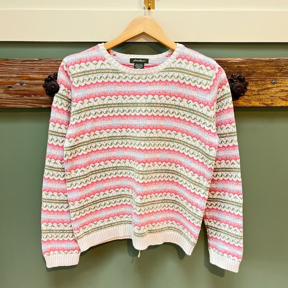 Eddie Bauer Vintage Pink Green Fair‎ Isle Cotton Crewneck Sweater Womens Medium